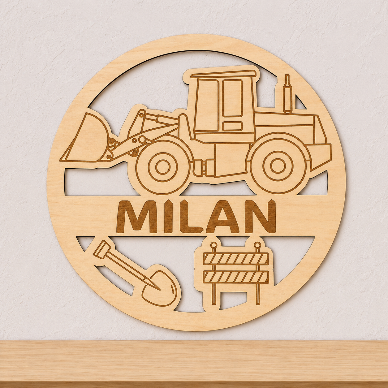 Gegraveerd houten naambord met bouwvoertuig gepersonaliseerd met naam