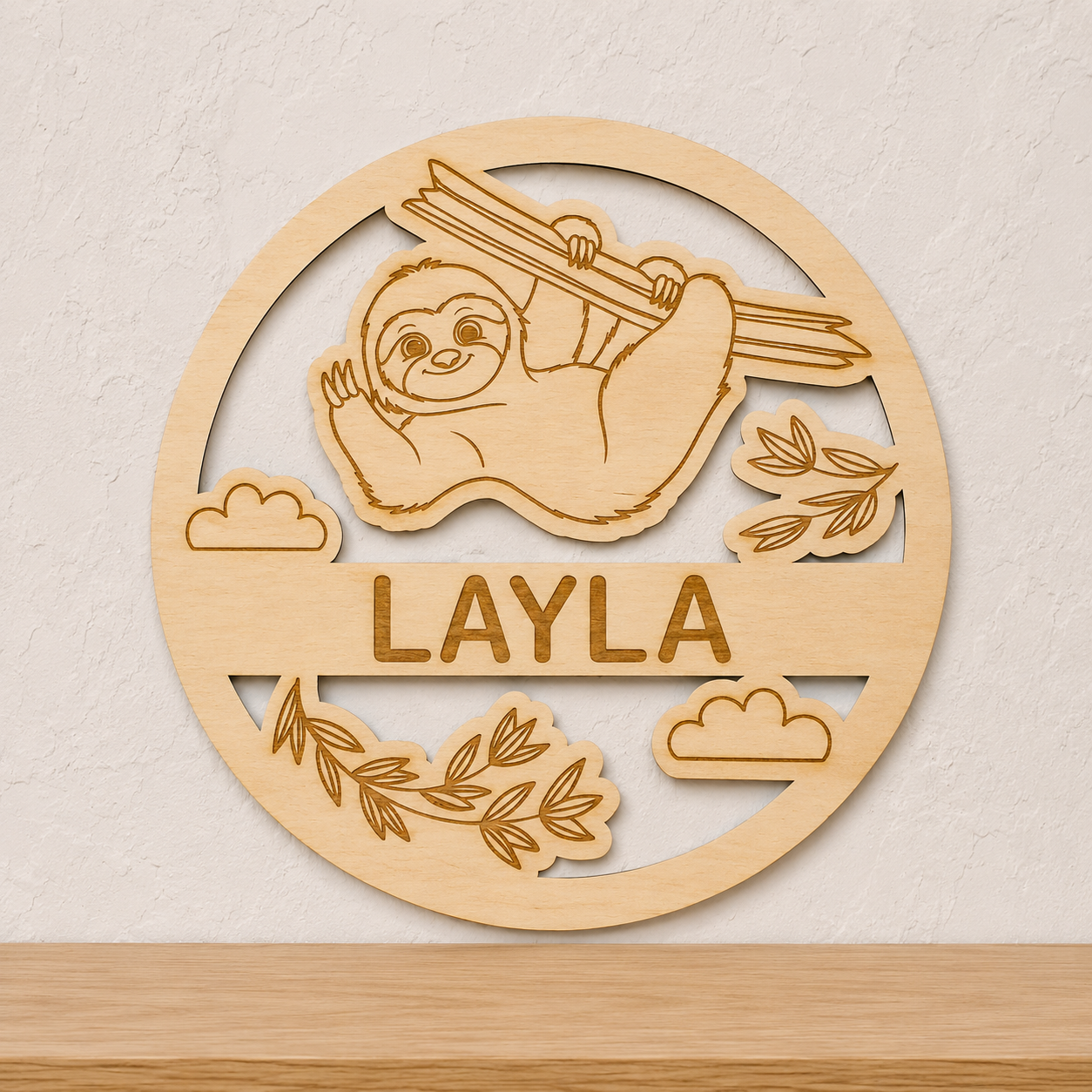 Gegraveerd houten naambord met luiaard gepersonaliseerd met naam