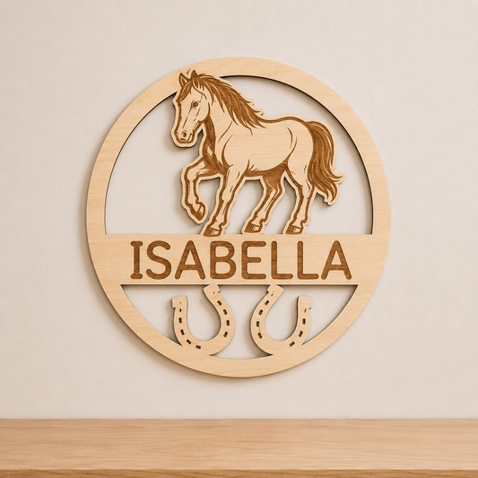 Gegraveerd houten naambord met paard gepersonaliseerd met naam