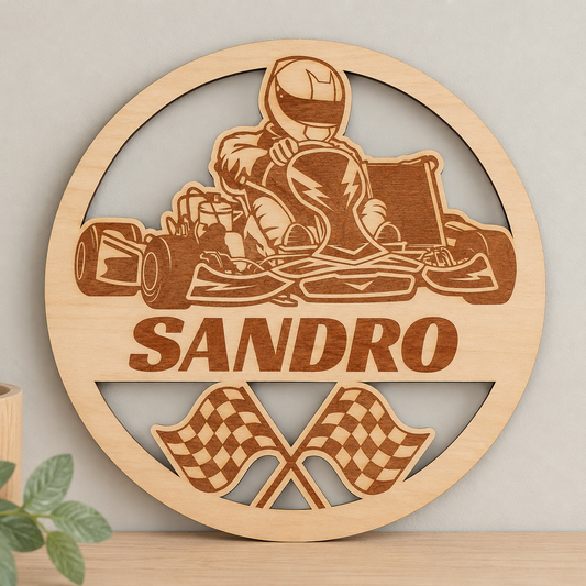 Gepersonaliseerd naambord van hout met thema karten kartbaan auto