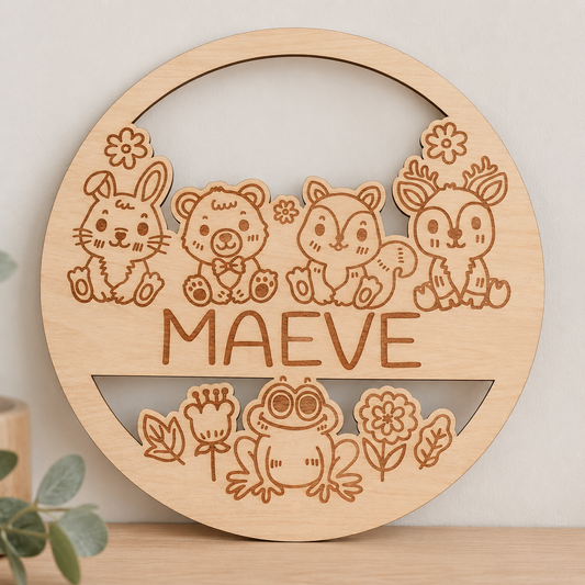 Houten naambord gepersonaliseerd  met naam gegraveerd met bosdieren