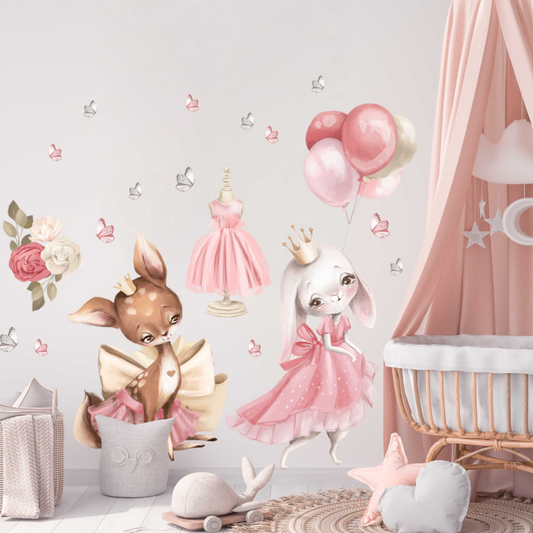 Muursticker princessen met ballonnen en vlinders