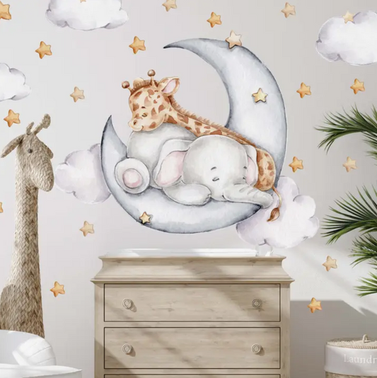 Babykamer muursticker olifant en giraf op de maan