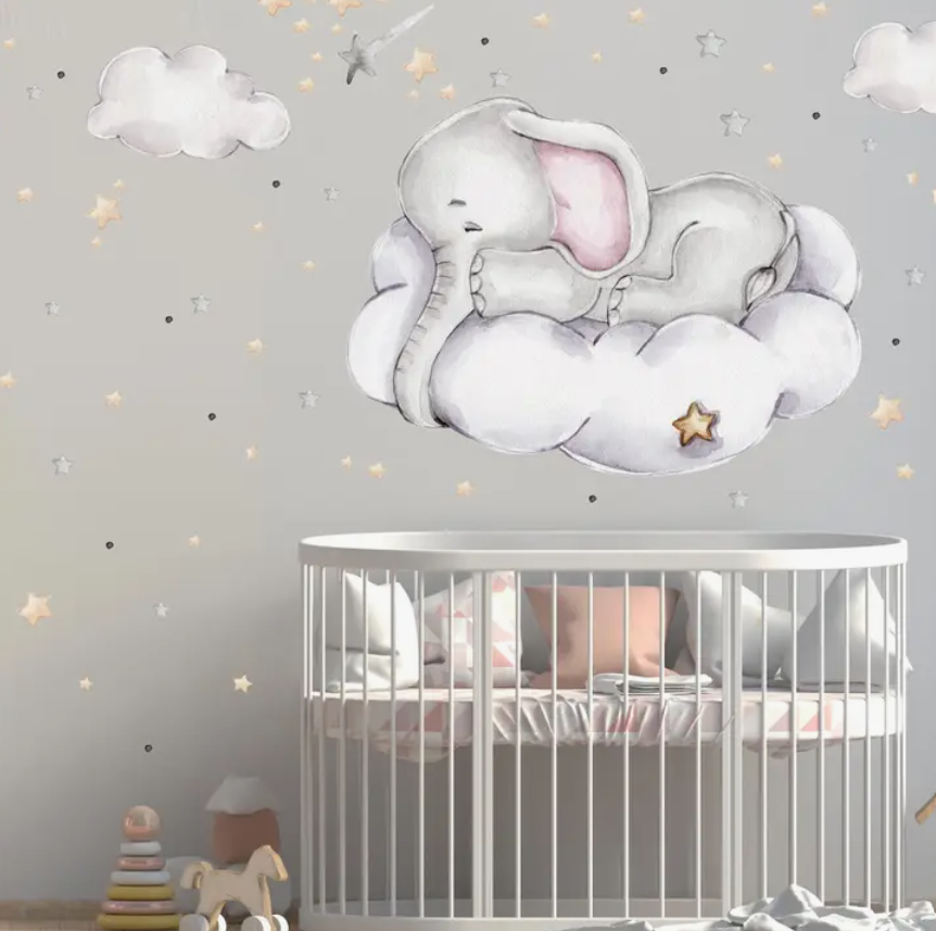 Babykamer Wandkind muursticker olifant op wolk