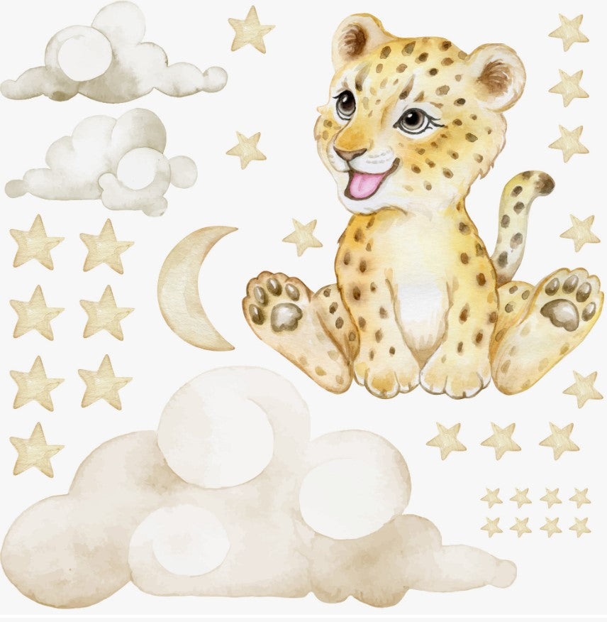 wandkind muursticker luipaard puppy op wolk kleinke.nl