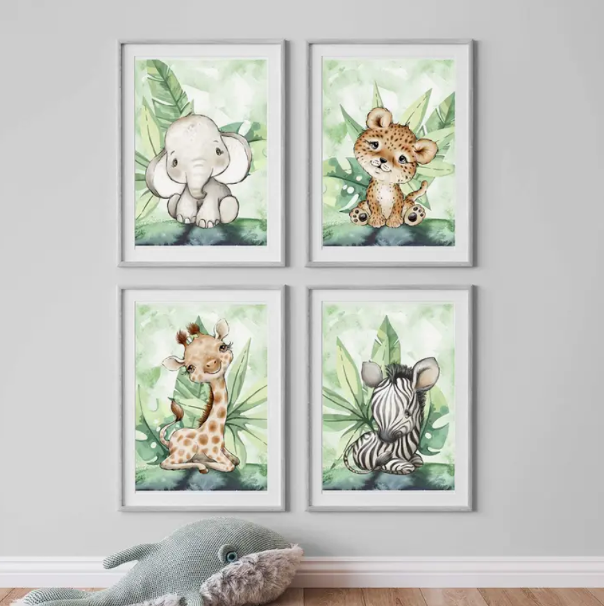 Babykamer poster safari dieren set van 4