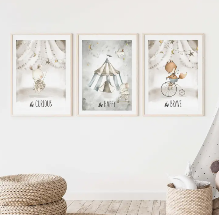 Baby- en kinderkamer posters circusdieren set van 3